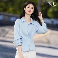 【初色】通勤風純色翻領單排釦長袖收腰襯衫上衣女上衣-藍色-18526(M-XL可選) M 藍色