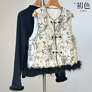 【初色】中式復古保暖圓領水墨印花盤扣無袖馬甲背心女背心-白色-18588(M-2XL可選) M 白色