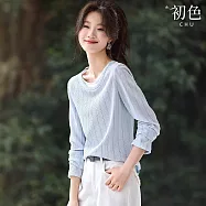 【初色】簡約假兩件撞色正肩肌理感V領長袖T恤上衣女上衣-淺藍色-18534(M-2XL可選) M 淺藍色