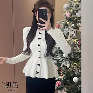 【初色】小香風收腰拼接坑條紋蝴蝶結裝飾圓領長袖針織衫上衣女上衣-共3色-18639(F可選) F 白色