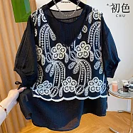 【初色】韓系蕾絲刺繡拼接假兩件輕薄寬鬆上衣女上衣-黑色-18496(M-4XL可選) M 黑色
