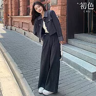 【初色】通勤風拼接排扣翻領長袖外套女外套+純色口袋休閒褲寬褲長褲套裝-深灰色-18642(M-XL可選) M 深灰色