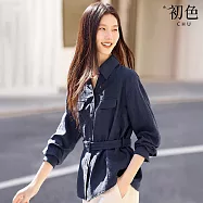 【初色】通勤風純色翻領排扣長袖顯瘦襯衫上衣女上衣-藏青色-18532(M-2XL可選) M 藏青色