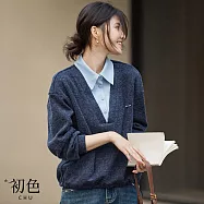 【初色】英倫風保暖針織V領襯衫拼色假兩件長袖上衣女上衣-藏青色-18590(M-2XL可選) M 藏青色