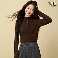 【初色】簡約純色排扣長袖花邊領針織打底上衣女上衣-共2色-18610(M-2XL可選) M 咖啡色
