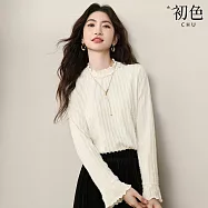 【初色】韓系純色圓領簡約舒適提花木耳邊針織長袖打底上衣女上衣-杏色-18609(M-2XL可選) M 杏色