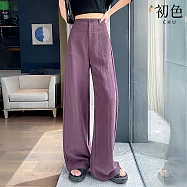 【初色】純色薄款冰絲亞麻風拉鍊雙口袋寬鬆闊腿褲休閒褲寬褲長褲-共3色-18563(M-2XL可選) M 紫色