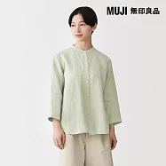 【MUJI 無印良品】女亞麻水洗七分袖套衫 S 淺綠直紋