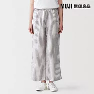 【MUJI 無印良品】女亞麻水洗舒適寬版褲 L 柔白直紋