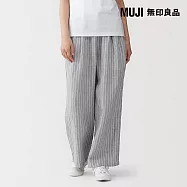 【MUJI 無印良品】女亞麻水洗舒適寬版褲 L 灰直紋