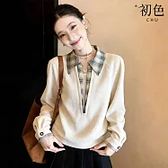 【初色】復古簡約休閒寬鬆假兩件翻領拼接格紋插肩長袖襯衫上衣女上衣-共2色-18665(M-3XL可選) M 米白色
