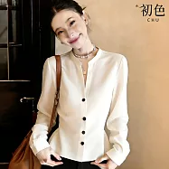 【初色】通勤風純色輕奢顯瘦修身單排釦長袖襯衫上衣女上衣-共2色-18653(M-2XL可選) M 白色