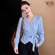 【初色】法式通勤風條紋收腰蝴蝶結系帶V領長袖襯衫上衣女上衣-藍色-18749(M-2XL可選) M 藍色