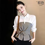 【初色】通勤風假兩件拼接格紋綁帶收腰翻領長袖襯衫上衣女上衣-白色-18974(M-2XL可選) M 白色