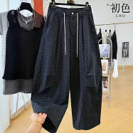 【初色】簡約休閒寬鬆碎花印花鈕扣高腰雙口袋鬆緊綁帶闊腿彎刀褲寬褲長褲-黑色-18790(M-2XL可選) M 黑色