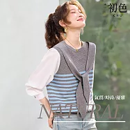 【初色】通勤風圓領拼接拼色假兩件條紋領結針織長袖上衣女上衣-共4色-18928(F可選) F 天藍色
