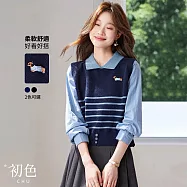 【初色】學院風條紋刺繡小圖POLO領長袖假兩件針織衫上衣女上衣-共2色-18925(F可選) F 藏青色
