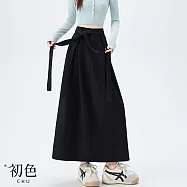 【初色】韓系通勤風純色高腰綁帶垂感直筒包臀後開叉A字西裝中長裙半身裙-共3色-18742(M-2XL可選) M 黑色