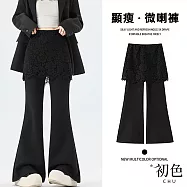 【初色】簡約休閒修身假兩件蕾絲屁兜鬆緊腰喇叭褲裙寬褲長褲-黑色-18743(M-2XL可選) M 黑色常規款