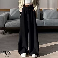 【初色】通勤風純色休閒高腰垂感拖地西裝褲休閒褲寬褲長褲-共3色-18738(M-2XL可選) M 黑色