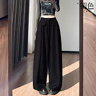 【初色】通勤風純色鬆緊腰抽繩系帶闊腿直筒拖地西裝褲休閒褲寬褲長褲-共3色-18731(M-2XL可選) M 黑色