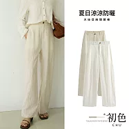 【初色】亞麻薄款窄版冰絲垂感純色鬆緊高腰防曬闊腿西裝褲休閒褲寬褲長褲-共2款-18831(M-XL可選) M 白色常規款