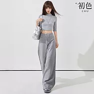 【初色】休閒風窄版垂感直筒微喇瑜伽運動衛褲闊腿褲寬褲長褲-共5色-18726(M-XL可選) M 淺灰色