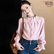 【初色】韓系通勤風純色壓褶單排釦荷葉邊立領長袖襯衫上衣女上衣-粉色-18882(M-XL可選) M 粉色