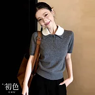 【初色】簡約風撞色拼接娃娃領半扣短袖POLO衫上衣女上衣-灰色-18885(M-XL可選) M 灰色
