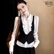 【初色】法式撞色木耳邊假兩件馬甲排扣長袖襯衫上衣女上衣-白色-18976(M-XL可選) M 白色