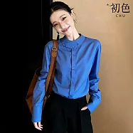 【初色】通勤風純色不對稱交疊立領單排扣長袖設計感襯衫上衣女上衣-藍色-18972(M-2XL可選) M 藍色