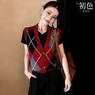 【初色】復古英倫風菱形V領無袖坎肩馬甲針織衫背心女背心-共2色-18902(F可選) F 紅色