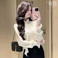 【初色】法式輕奢風立領立體花飄帶荷葉邊泡泡袖襯衫上衣女上衣-白色-18950(M-2XL可選) M 白色