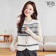 【初色】復古圖騰條紋針織圓領排釦外搭馬甲背心女背心-共2色-18916(F可選) F 米白色