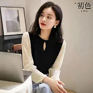 【初色】氣質圓領鏤空撞色假兩件拼接皺褶長袖針織上衣女上衣-黑色-18941(F可選) F 黑色