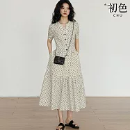 【初色】復古簡約休閒寬鬆修身V領排扣波點短袖連衣裙連身洋裝-波點-19029(M-2XL可選) M 波點