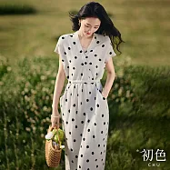 【初色】復古休閒簡約V領波點口袋綁帶收腰短袖連衣裙連身洋裝-白色-19013(M-2XL可選) M 白色
