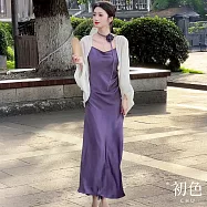 【初色】法式簡約垂墜薄透長袖披肩外套+吊帶連衣裙連身洋裝長裙套裝-米衣紫裙-18878(M-XL可選) M 米衣紫裙