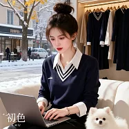 【初色】學院風撞色拼接假兩件翻領條紋長袖針織衫毛衣上衣女上衣-藏藍色-18919(F可選) F 藏藍色