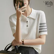 【初色】休閒華夫格POLO領短袖條紋針織POLO衫上衣女上衣-共2色-19033(F可選) F 白色