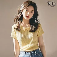 【初色】甜美風純色坑條娃娃領短袖修身顯瘦針織T恤上衣女上衣-黃色-18934(F可選) F 黃色