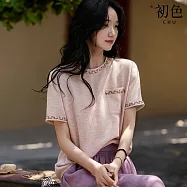 【初色】小香風純色圓領金羽紗珠片口袋短袖T恤上衣女上衣-共2色-19056(M-2XL可選) M 粉色