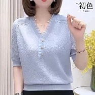 【初色】簡約風純色半門襟單排釦V領短袖針織衫上衣女上衣-共3色-18895(M-2XL可選) F 藍色