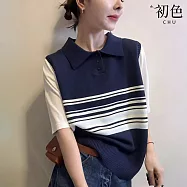 【初色】韓系學院風拼接撞色條紋POLO領無袖背心女背心-共3色-18940(F可選) F 藏青色