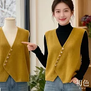 【初色】法式斜排扣純色V領針織馬甲無袖外搭背心女背心-共4色-18942(F可選) F 黃色