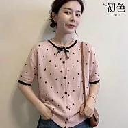 【初色】甜美小香風撞色愛心緹花圓領花邊短袖針織開衫上衣女上衣-共4色-18938(F可選) F 粉色