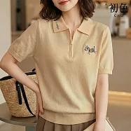 【初色】運動風杏色小馬圖案短袖半拉鍊POLO領上衣女上衣-杏色-18897(F可選) F 杏色