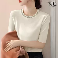 【初色】運動風杏色小馬圖案短袖半拉鍊POLO領上衣女上衣-杏色-18897(F可選) F 米白色