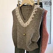 【初色】小香風拼接蕾絲V領無袖寬鬆針織毛衣馬甲背心女背心-共3色-18923(F可選) F 灰色