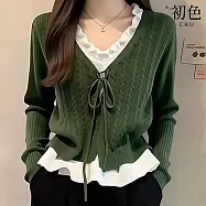 【初色】假兩件木耳邊針織V領長袖毛衣針織衫上衣女上衣-綠色-18944(F可選) F 綠色